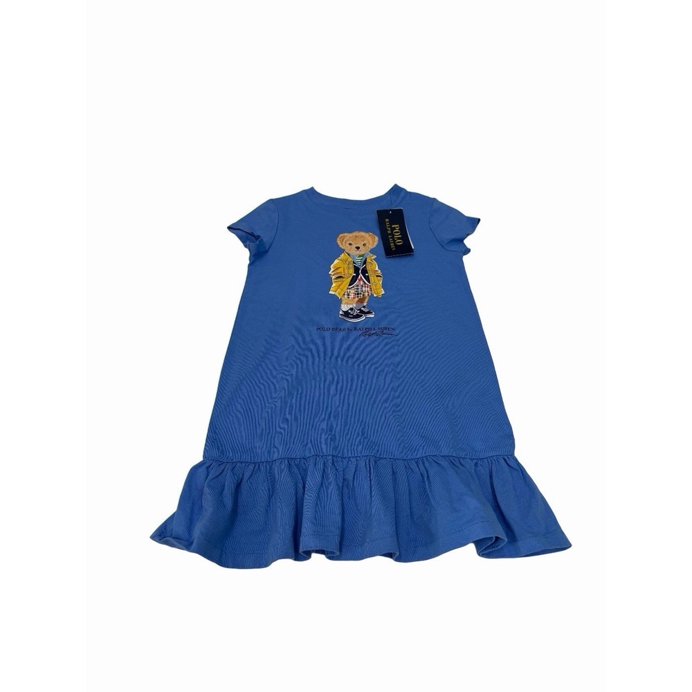 Polo Ralph Lauren Girls Blue Polo Bear Ruffle Hem T-Shirt Dress Size 4T NWT